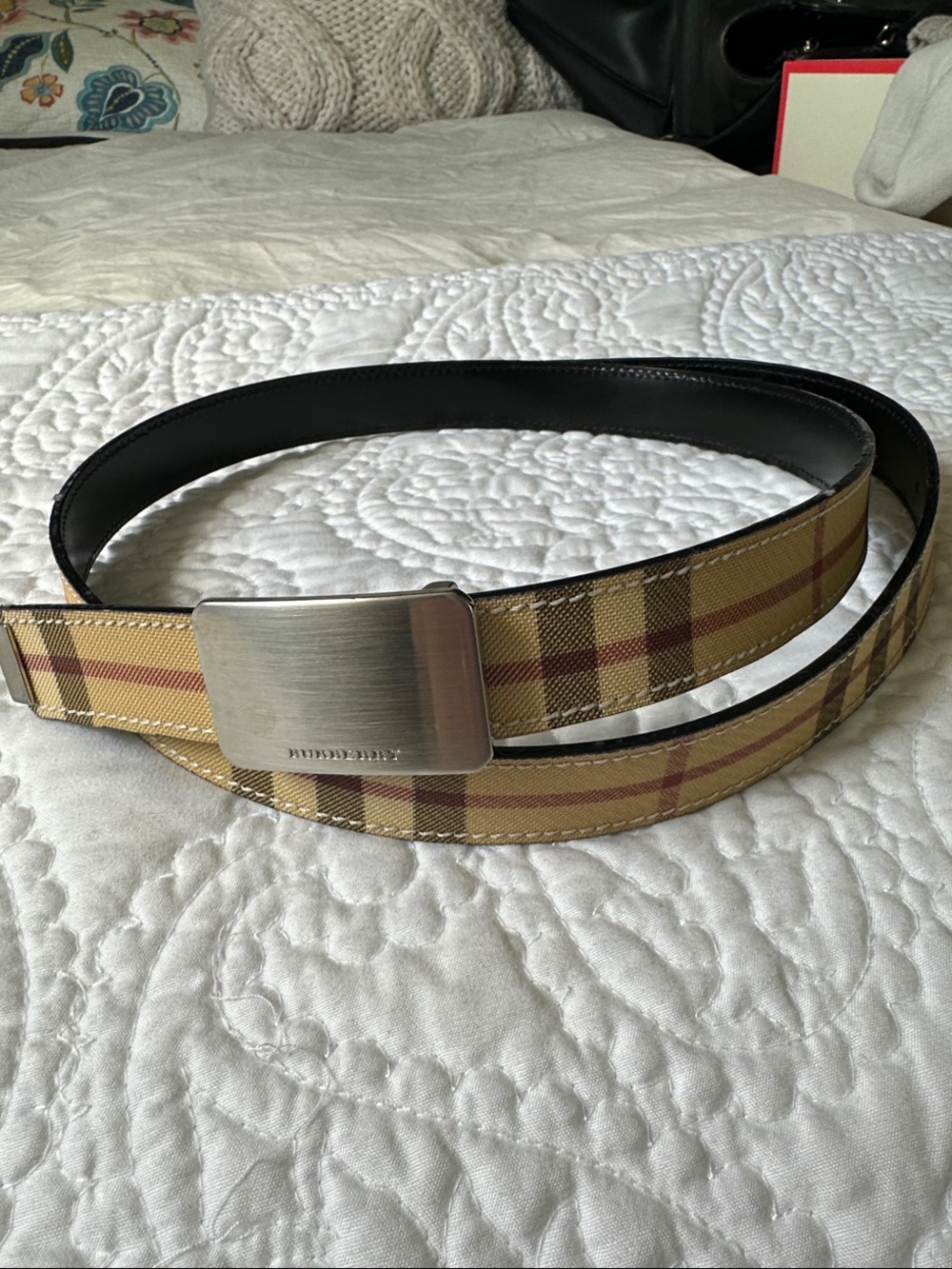 Burberry Vintage Check Leather Belt in Beige and Black with Silver Buckle